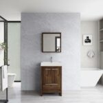 24" Walnut Freestanding Bathroom Vanity with White Polymarble Countertop