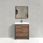 30" Walnut Freestanding Bathroom Vanity with White Polymarble Countertop