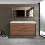 60" Walnut Freestanding Double Sink Bathroom Vanity with White Polymarble Countertop