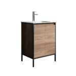 24" Rough Oak and Black Metal Frame Freestanding Single Sink Bathroom Vanity with White Ceramic Countertop - Image 3