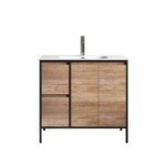 36" Rough Oak and Black Metal Frame Freestanding Single Sink Bathroom Vanity with White Ceramic Countertop - Image 2