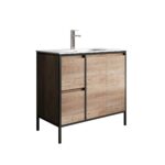 36" Rough Oak and Black Metal Frame Freestanding Single Sink Bathroom Vanity with White Ceramic Countertop - Image 3
