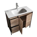 36" Rough Oak and Black Metal Frame Freestanding Single Sink Bathroom Vanity with White Ceramic Countertop - Image 4