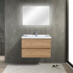 30" Rough Oak Wall Mount Bathroom Vanity with White Polymarble Countertop