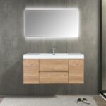 48" Rough Oak Wall Mount Single Sink Bathroom Vanity with White Polymarble Countertop