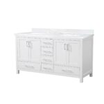 60" White Freestanding Double Sink Bathroom Vanity with White Quartz Countertop - Image 3
