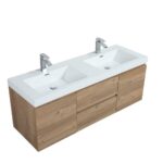 60" Rough Oak Wall Mount Double Sink Bathroom Vanity with White Polymarble Countertop – Image 3
