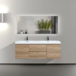 60" Rough Oak Wall Mount Double Sink Bathroom Vanity with White Polymarble Countertop