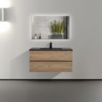 40" Rough Oak Wall Mount Bathroom Vanity with Black Engineered Quartz Countertop