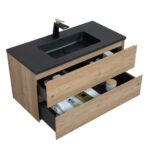 40" Rough Oak Wall Mount Bathroom Vanity with Black Engineered Quartz Countertop - Image 4