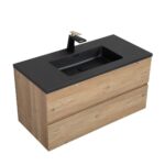 40" Rough Oak Wall Mount Bathroom Vanity with Black Engineered Quartz Countertop - Image 2