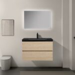 32" Wheat Wall Mount Single Sink Bathroom Vanity with Black Polymarble Countertop