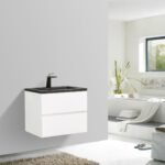 24" White Wall Mount Bathroom Vanity with Black Engineered Quartz Countertop