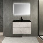 30" Grey Wall Mount Bathroom Vanity with Black Engineered Quartz Countertop