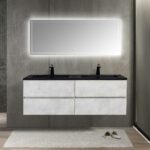 60" Grey Wall Mount Double Sink Bathroom Vanity with Black Engineered Quartz Countertop