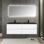 60" White Wall Mount Double Sink Bathroom Vanity with Black Engineered Quartz Countertop