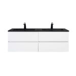 60" White Wall Mount Double Sink Bathroom Vanity with Black Engineered Quartz Countertop - Image 2