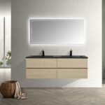 60" Wheat Wall Mount Double Sink Bathroom Vanity with Black Engineered Quartz Countertop