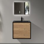 24" Black & Rough Oak Wall Mount Bathroom Vanity with Black Engineered Quartz Countertop
