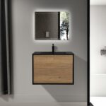 30" Black & Rough Oak Wall Mount Vanity with Black Engineered Quartz Countertop