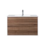 36" Walnut Wall Mount Vanity with White Polymarble Countertop - Image 2