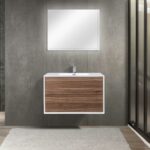 36" Walnut Wall Mount Vanity with White Polymarble Countertop