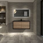 48" Black & Rough Oak Wall Mount Single Sink Bathroom Vanity with Black Engineered Quartz Countertop