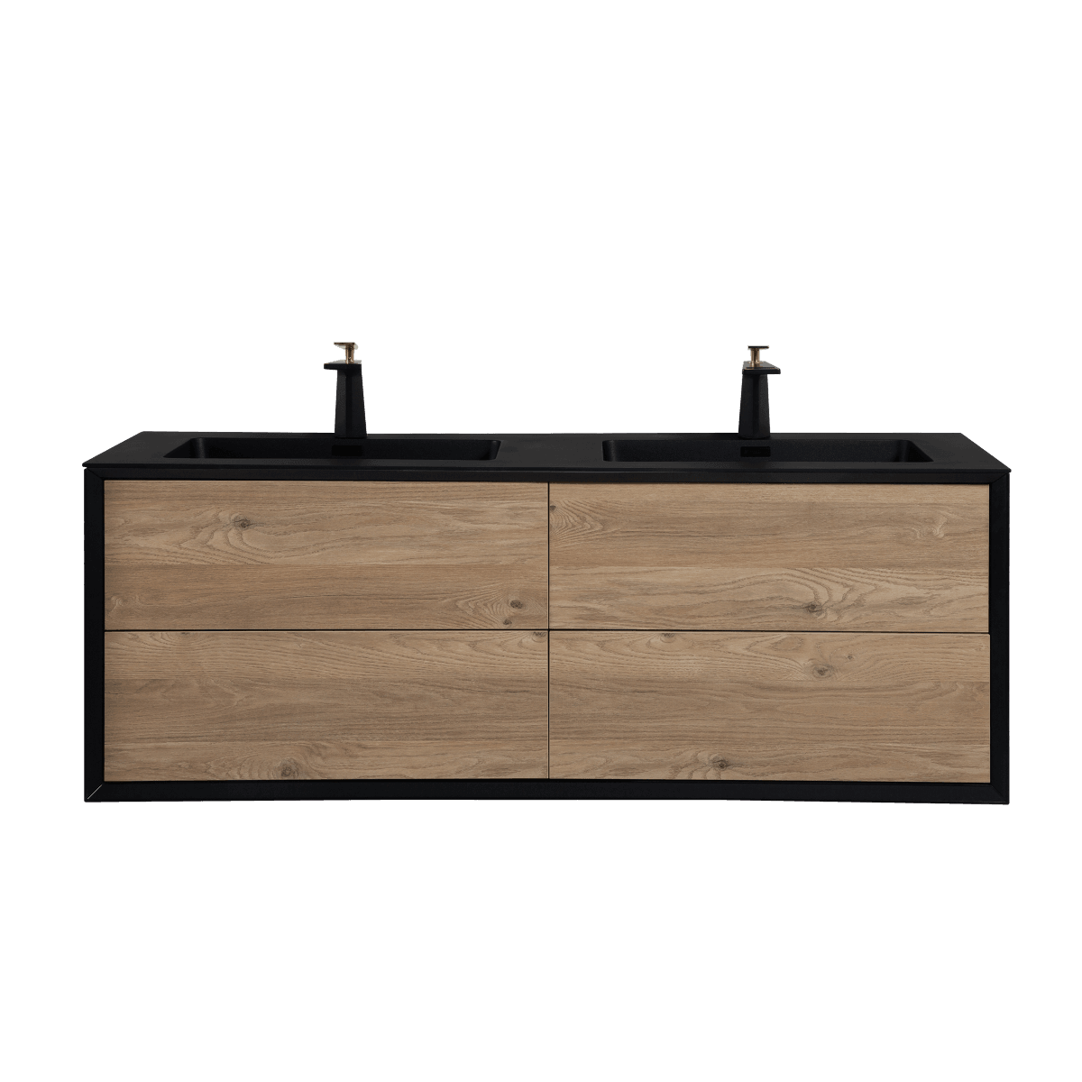 60" Black & Rough Oak Wall Mount Double Sink Bathroom Vanity with Black Engineered Quartz Countertop - Image 2