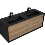 60" Black & Rough Oak Wall Mount Double Sink Bathroom Vanity with Black Engineered Quartz Countertop - Image 3