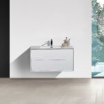36" White Wall Mount Vanity with White Polymarble Countertop