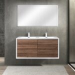48" Walnut Wall Mount Double Sink Bathroom Vanity with White Polymarble Countertop Fleur