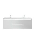60" Glossy White Wall Mount Light-Up Double Sink Bathroom Vanity with White Polymarble Countertop – Image 2