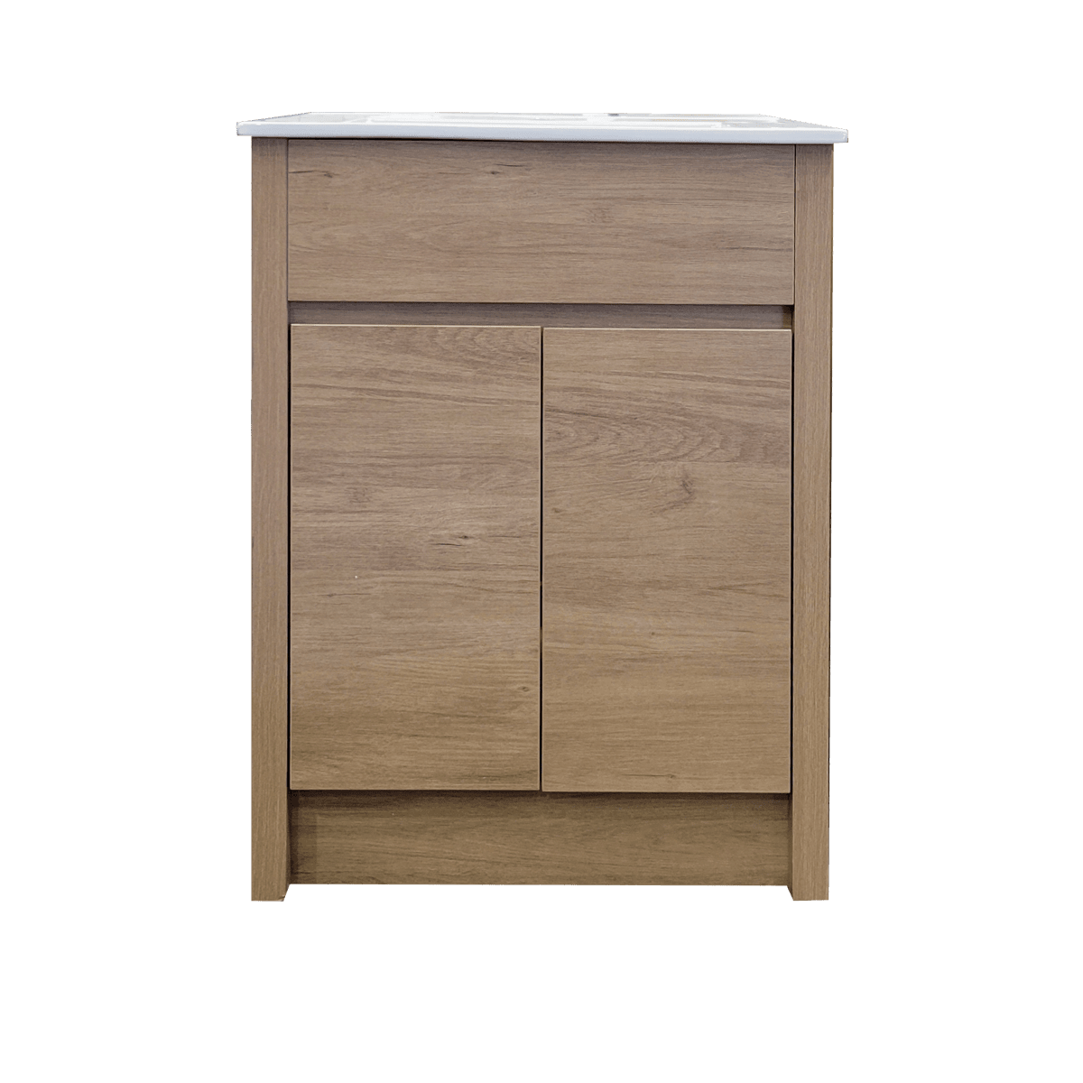 24" Natural Oak Freestanding Bathroom Vanity with White Ceramic Countertop - Image 2
