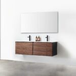 60" Walnut Wall Mount Double Sink Bathroom Vanity with Glossy White Solid Surface Countertop
