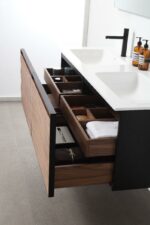 60" Walnut Wall Mount Double Sink Bathroom Vanity with Glossy White Solid Surface Countertop - Image 5