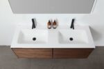 60" Walnut Wall Mount Double Sink Bathroom Vanity with Glossy White Solid Surface Countertop - Image 3