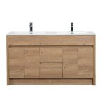 60" Rough Oak Freestanding Double Sink Bathroom Vanity with White Polymarble Countertop - Image 3