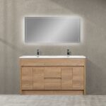 60" Rough Oak Freestanding Double Sink Bathroom Vanity with White Polymarble Countertop
