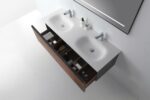 60" Walnut Wall Mount Double Sink Bathroom Vanity with Matte White Solid Surface Countertop – Image 3