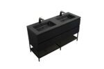 60" Black Wall Mount Bathroom Vanity with Black Engineered Quartz Countertop & Open Shelf - Image 3