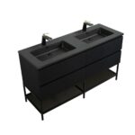 60" Black Wall Mount Bathroom Vanity with Black Engineered Quartz Countertop & Open Shelf - Image 2