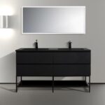 60" Black Wall Mount Bathroom Vanity with Black Engineered Quartz Countertop & Open Shelf