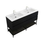60" Black Wall Mount Bathroom Vanity with White Polymarble Countertop & Open Shelf – Image 2