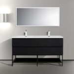 60" Black Wall Mount Bathroom Vanity with White Polymarble Countertop & Open Shelf