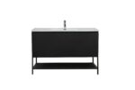 48" Black Wall Mount Bathroom Vanity with White Polymarble Countertop & Open Shelf - Image 3