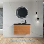 36" Light Oak Wall Mount Single Sink Bathroom Vanity with Black Engineered Quartz Countertop Simon