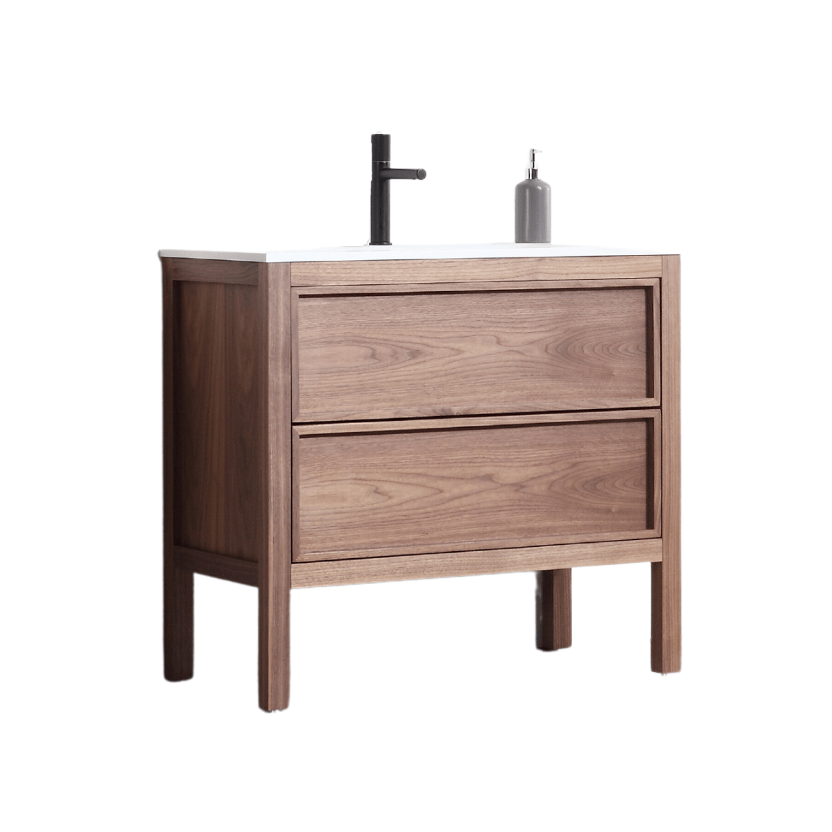 36" Natural Walnut Freestanding Bathroom Vanity with White Solid Surface Countertop Vista - Image 2