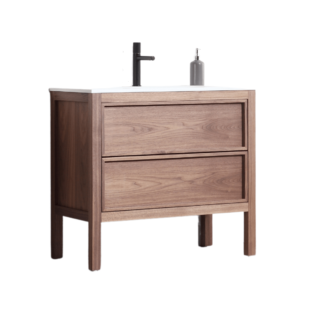 42" Natural Walnut Freestanding Bathroom Vanity with White Solid Surface Countertop Vista – Image 4