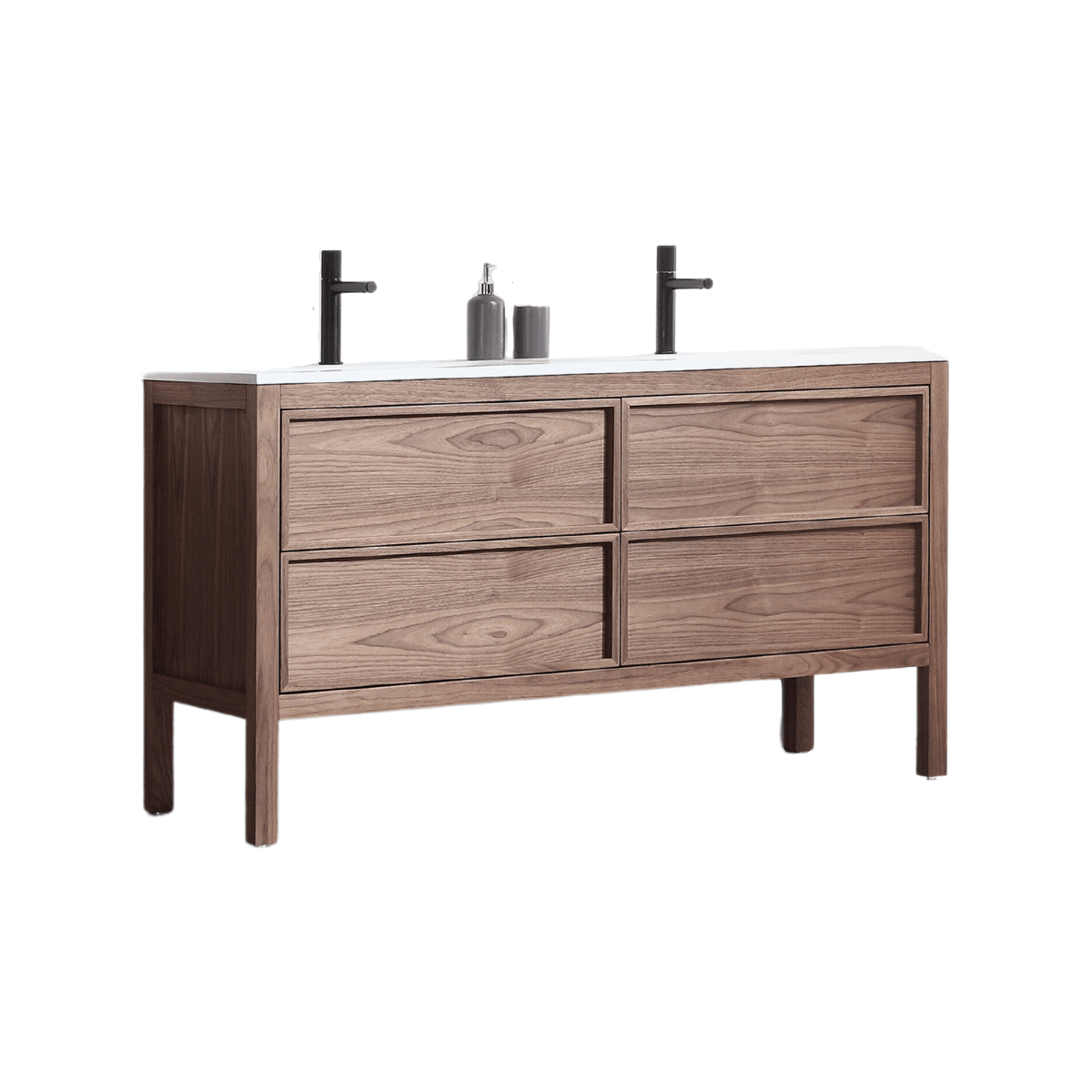 60" Natural Walnut Freestanding Double Sink Bathroom Vanity with White Solid Surface Countertop Vista – Image 3