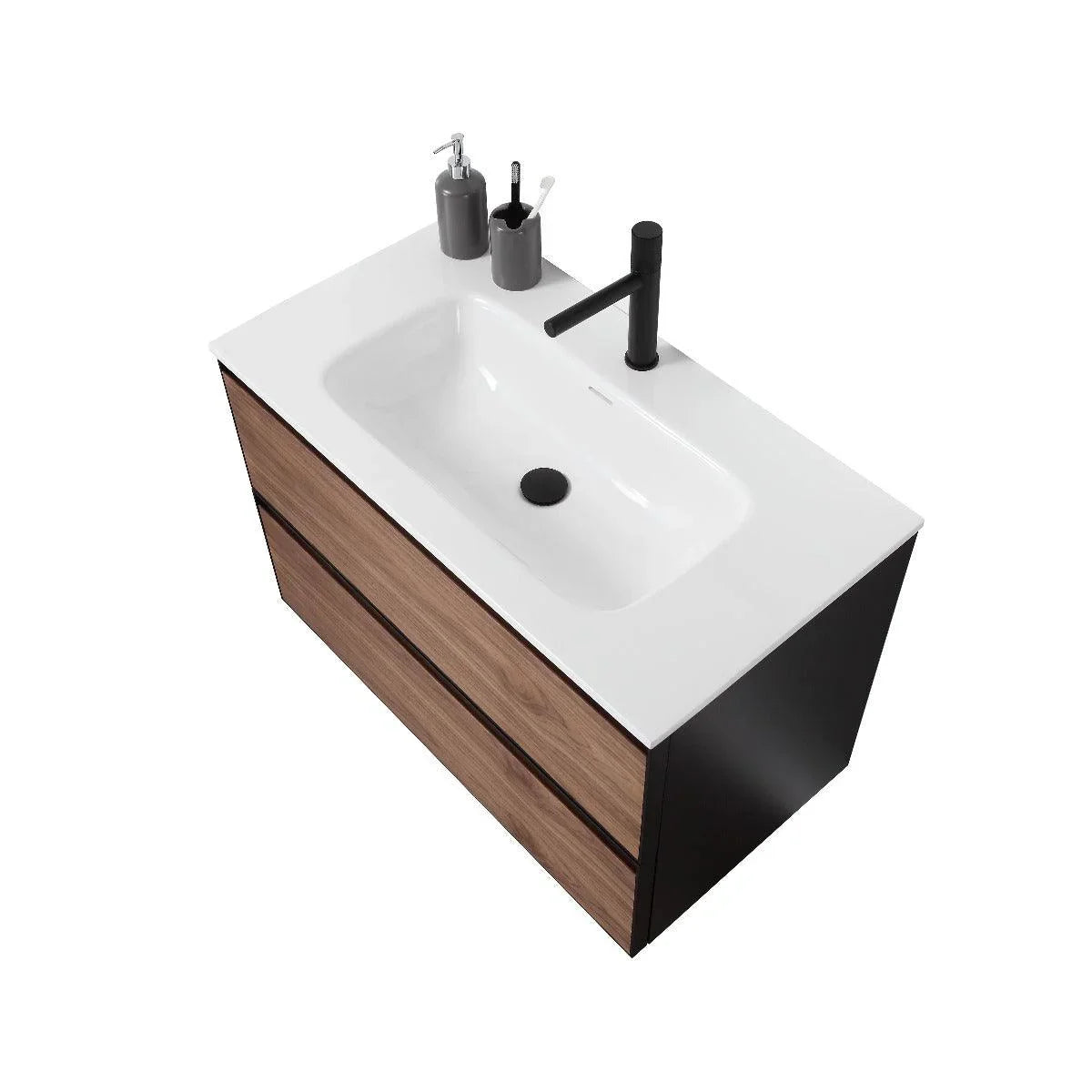 36" Walnut Wall Mount Bathroom Vanity with White Solid surface Countertop – Image 2